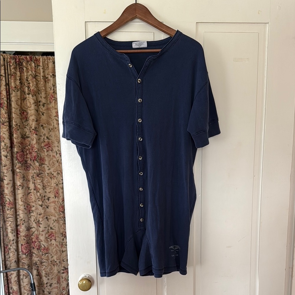 Onesie Union Suit Shorts, Sz.Large Vintage Blue Button-Up 100% Cotton